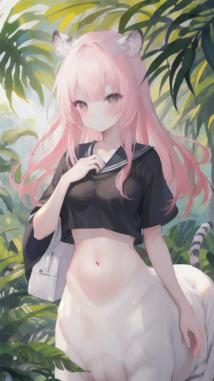 (best quality, masterpiece), 1 girl, centaur, I beg, White skin, Japanese schoolgirl,daughter,black pink, exposing the abdomen, belly button t-shirt , beautiful girl perfect, White tiger photo, perfect jungle photo