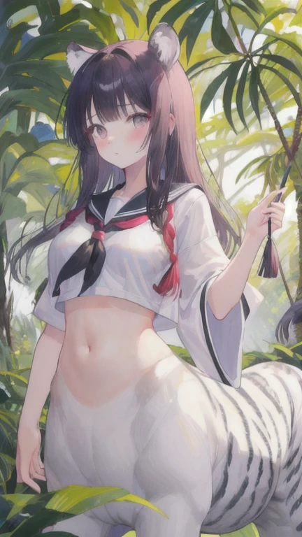 (best quality, masterpiece), 1 girl, centaur, I beg, White skin, Japanese schoolgirl,daughter,black pink, exposing the abdomen, belly button t-shirt , beautiful girl perfect, White tiger photo, perfect jungle photo