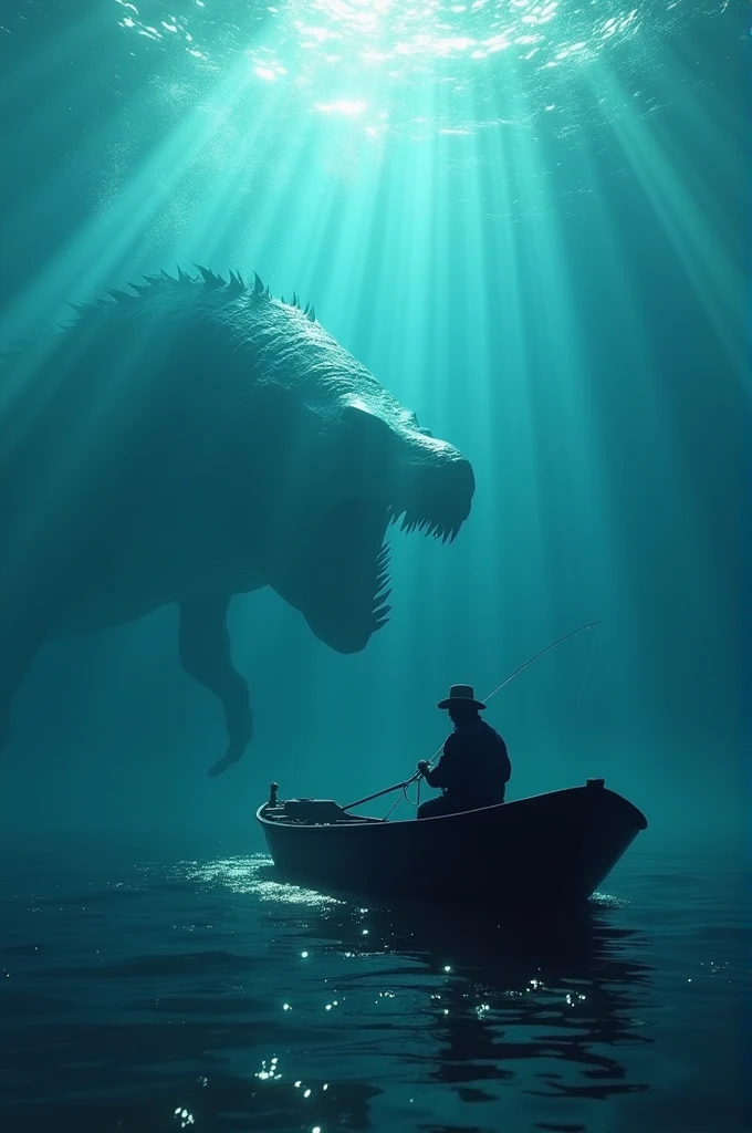 A fisherman in his boat on the water and under the water sea monsters, ultra realisitic