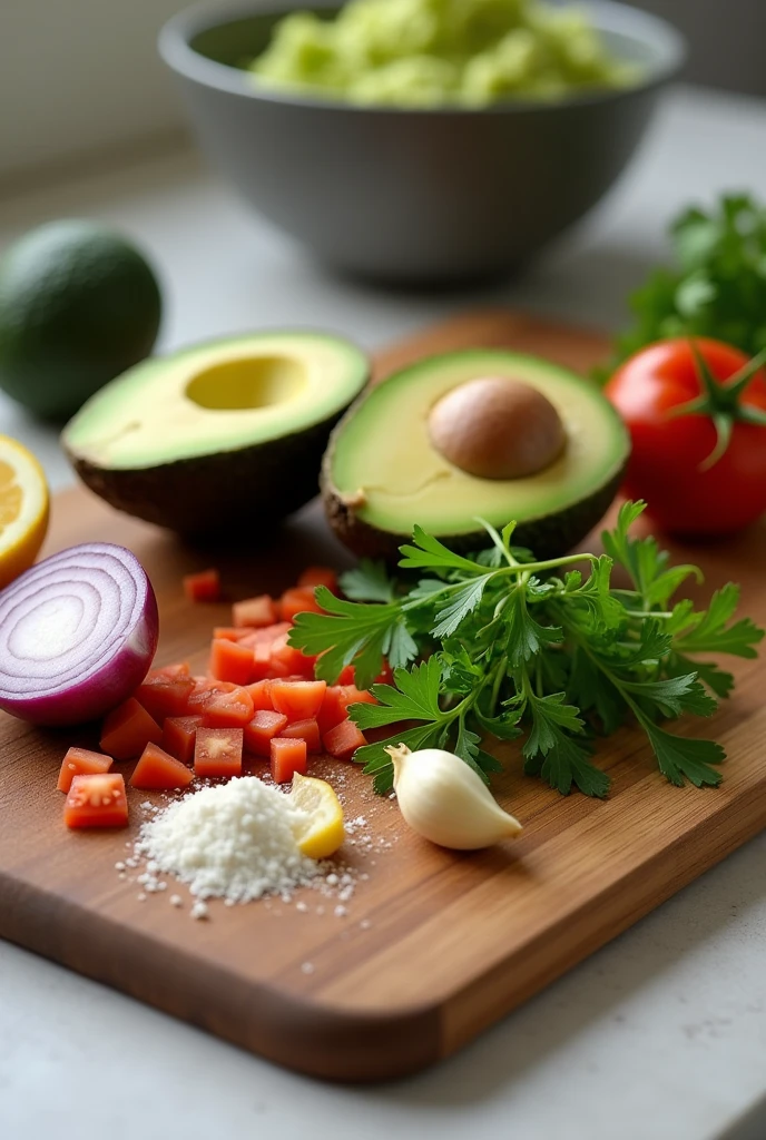 A cutting board on a counter containing appetizing ingredients for guacamole. must contain ingredients such as: 2 ripe avocados, 1 small tomato, seedless chopped, 1/2 chopped red onions 1 chopped garlic clove, lemon juice, chopped fresh coriander salt and pepper