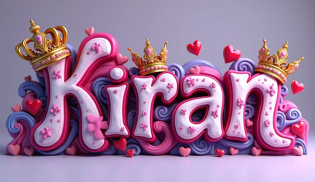 A stunning, hyper-realistic 3D illustration portraying the name "Kiran"" in exquisite, opulent lettering. The vibrant colors, including fuchsia, purple, and white, are artfully combined with swirling patterns, neon red hearts, and stunning gold crowns atop each letter. The composition leans towards the right, creating depth and dimension, while the luxurious shapes and various textures add to the overall visual appeal. The subtle, muted background harmoniously complements the vivid colors and intricate details, resulting in a visually pleasing balance and a striking conceptual art piece., graffiti, conceptual art, 3d render, vibrant