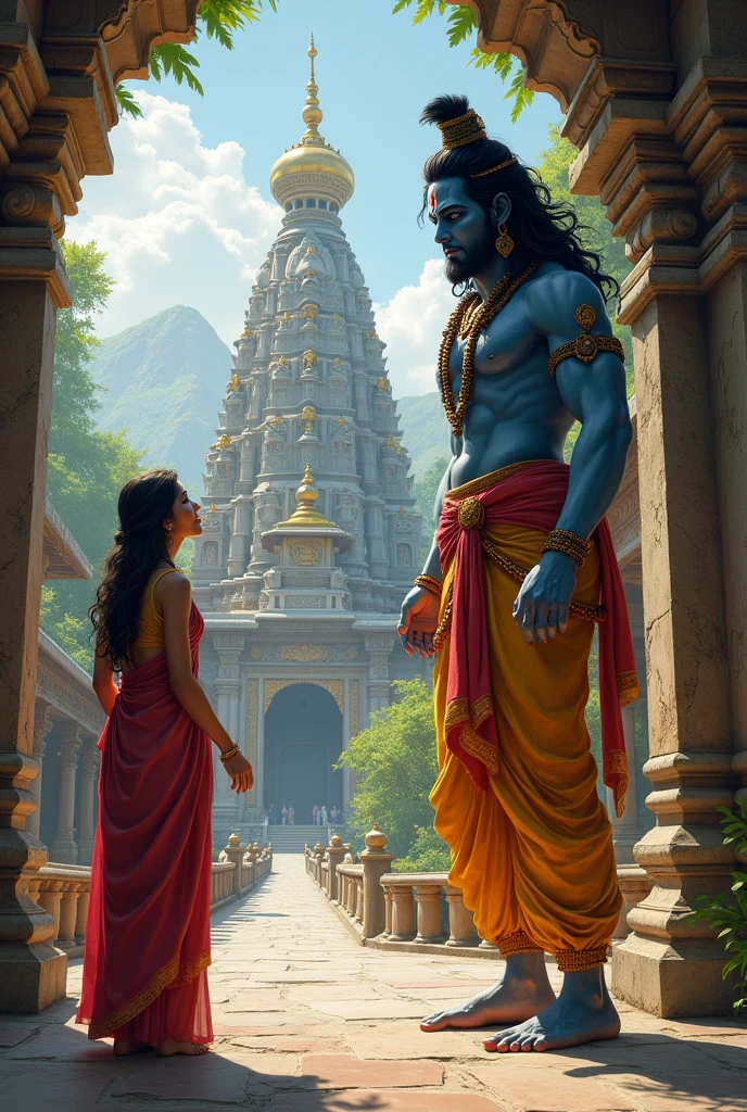 As the Hindu god Lord Shiva enters the temple, a woman stops him