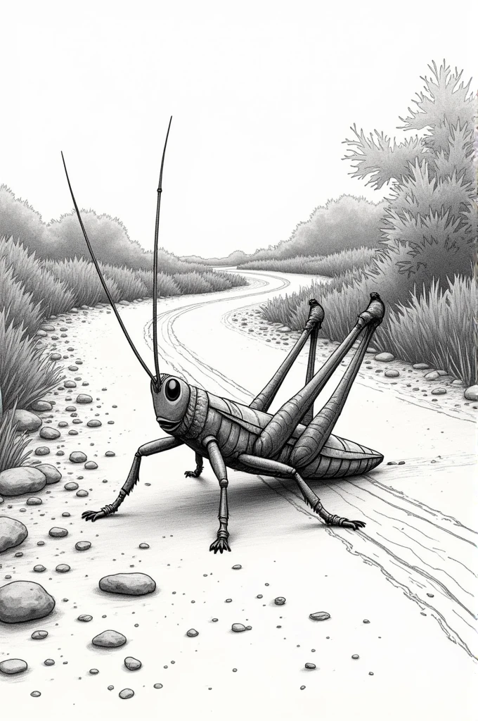 Image of a drawing of a cricket on a road