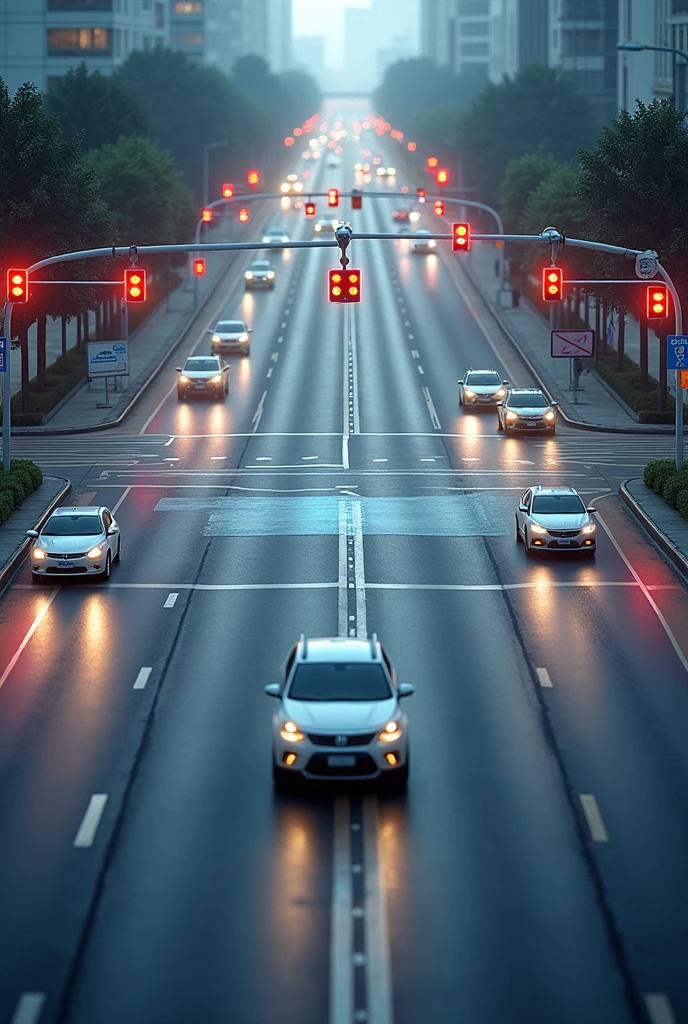 Real image focused 100% at an intersection with intelligent traffic (no need to show buildings), with automatic traffic lights, security cameras on the poles and LED panels on the poles displaying important information.