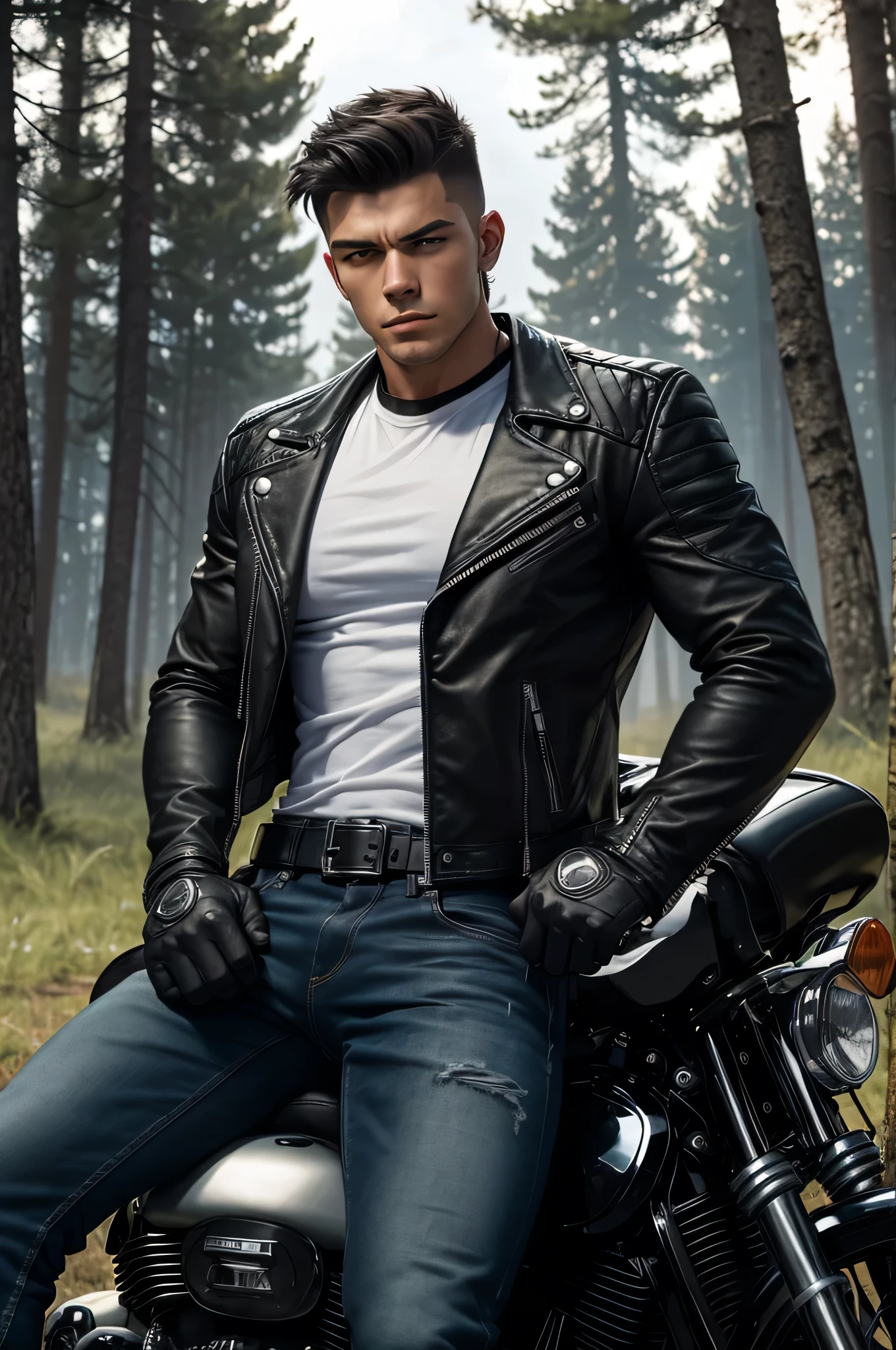 A muscular young man , wearing a white round-neck shirt and a black leather jacket over it, wearing blue jeans, black motorcycle gloves, a black belt, and black combat boots and a holster strap black for a handgun on his thigh , Sleeping, leaning against a motorcycle big bike black, on a grass field in the forest. Anime.