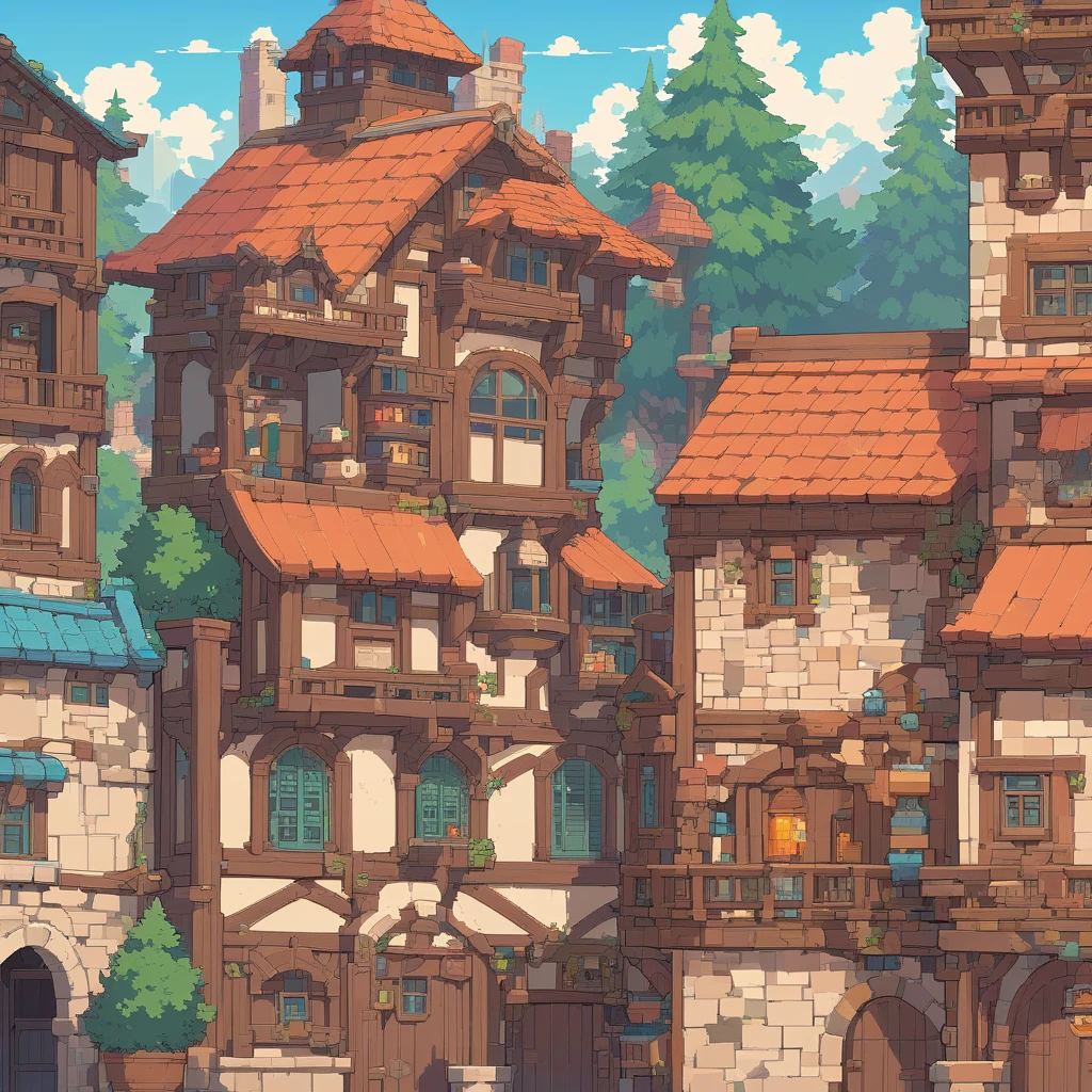 Retro video game style, pixelated, vibrant colors, 8-bit architecture, blocky shapes, sharp lines, detailed shading, classic gaming vibe, nostalgic atmosphere, reminiscent of classic arcade games. Masterpiece:1.2, ultra-detailed, illustration style. 2D texture, stone and brick textures, 4K seamless patterns, video game textures, urban and rural building textures, dirt and wood textures. Game tiles, roofs, 3/4th perspective windows, doors, and walls, 3/4th perspective tileable building facades, tileable rooftops, detailed chimneys, and ornate structures. Very detailed brick and stonework, intricate architectural details.

Building Design: Diverse structures including houses, shops, and towers with various elevations and roof styles.

Texture Detail: High resolution with intricate details like brickwork, wooden planks, and weathered surfaces.

Seamless Pattern: Ensure that the edges of the tiles seamlessly align with adjacent tiles to create a continuous and coherent townscape when repeated.