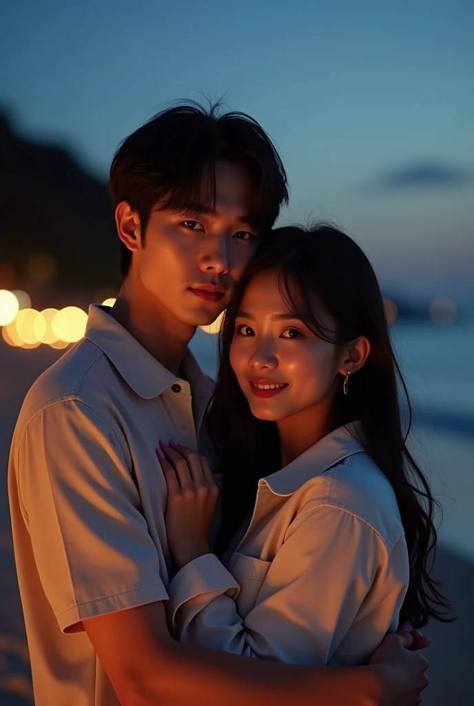 A stunning photograph of korean man had a shoulder length hair tied up and Leaving bangs, he is hugging with woman. Warm beach setup wonderful night. they both seeing to camera, shoted dimmed light with 150mm lens, perfect ratio photo