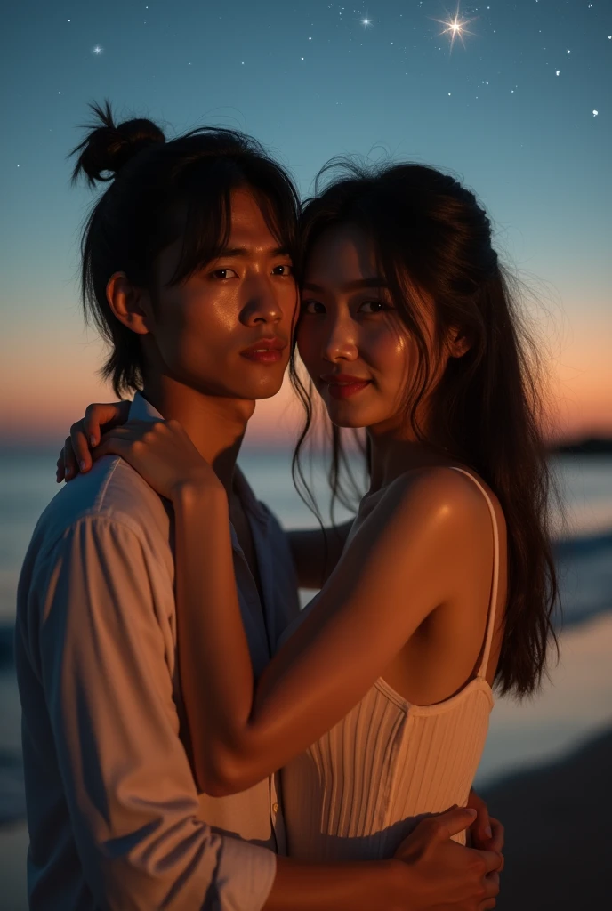 A stunning photograph of korean man had a shoulder length hair tied up and Leaving bangs, he is hugging with woman. Warm beach setup wonderful night. they both seeing to camera, shoted dimmed light with 150mm lens, perfect ratio photo