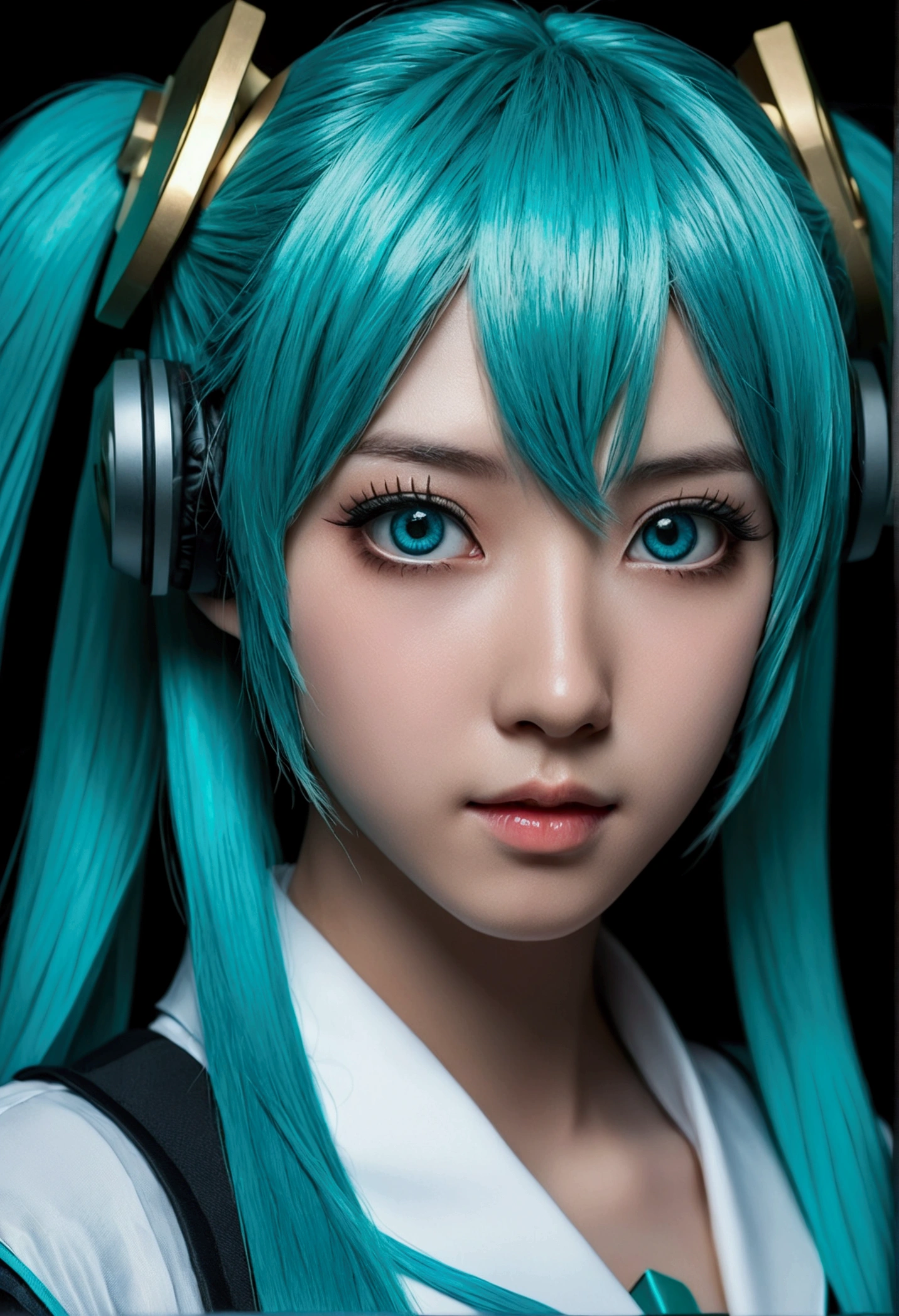 Genius cosplayer girl of Hatsune Miku, intricate detail Highly Detailed Eyes, Faded, 16K resolution, RAW, Nikon Z9, Creative, Masterpiece, Fantasy, High Definition, High Quality, 8k, Realistic, Dramatic Lighting, Soft Focus, Digital Illustration, Intricate Mechanics, Advanced Techniques, Dark Background Cinematic, High Contrast, High Contrast Atmosphere, (Best Quality, 4k, 8k, High Definition, Masterpiece: 1. 2), Ultra-Detailed, (Realistic, Graphic, Photorealistic: 1. 4) -- No Glass --AR 16:9 --Stylize 1000