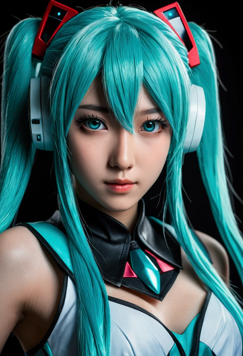 Genius cosplayer girl of Hatsune Miku, intricate detail Highly Detailed Eyes, Faded, 16K resolution, RAW, Nikon Z9, Creative, Masterpiece, Fantasy, High Definition, High Quality, 8k, Realistic, Dramatic Lighting, Soft Focus, Digital Illustration, Intricate Mechanics, Advanced Techniques, Dark Background Cinematic, High Contrast, High Contrast Atmosphere, (Best Quality, 4k, 8k, High Definition, Masterpiece: 1. 2), Ultra-Detailed, (Realistic, Graphic, Photorealistic: 1. 4) -- No Glass --AR 16:9 --Stylize 1000