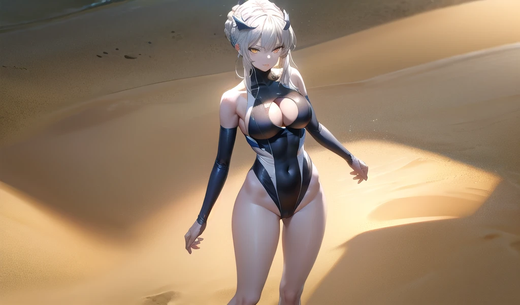 Silver-haired busty beauty，black swimsuit，cleavage，slim figure，thigh，Sunlight，sand stall，Standing