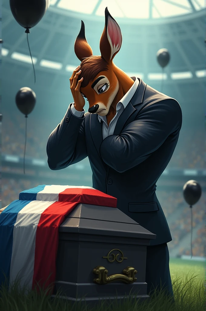 a bambi, muscular, puffed chest, wearing a black suit, crying with his hands on his head, sad expression, inside a soccer stadium, sad seeing a coffin with a flag over it highlighted in the colors blue, white, red, black balloons flying in the wind