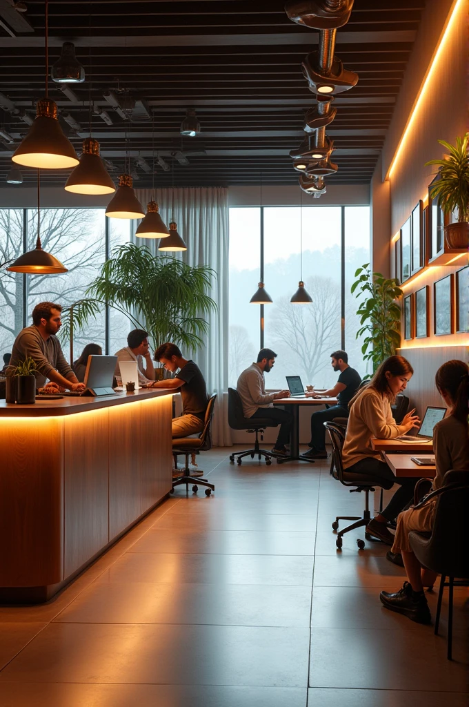 Modern and futuristic coffee shop with workspace