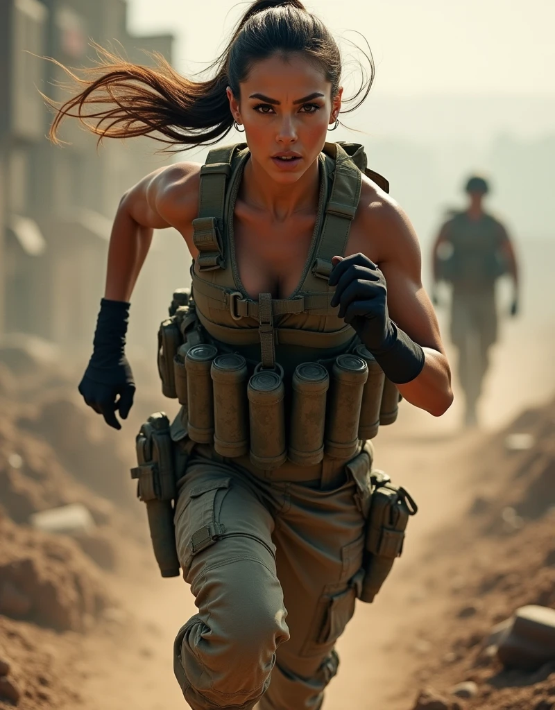 (Photorealism:1.2), sexy woman soldier, Soldier running with ammo can.