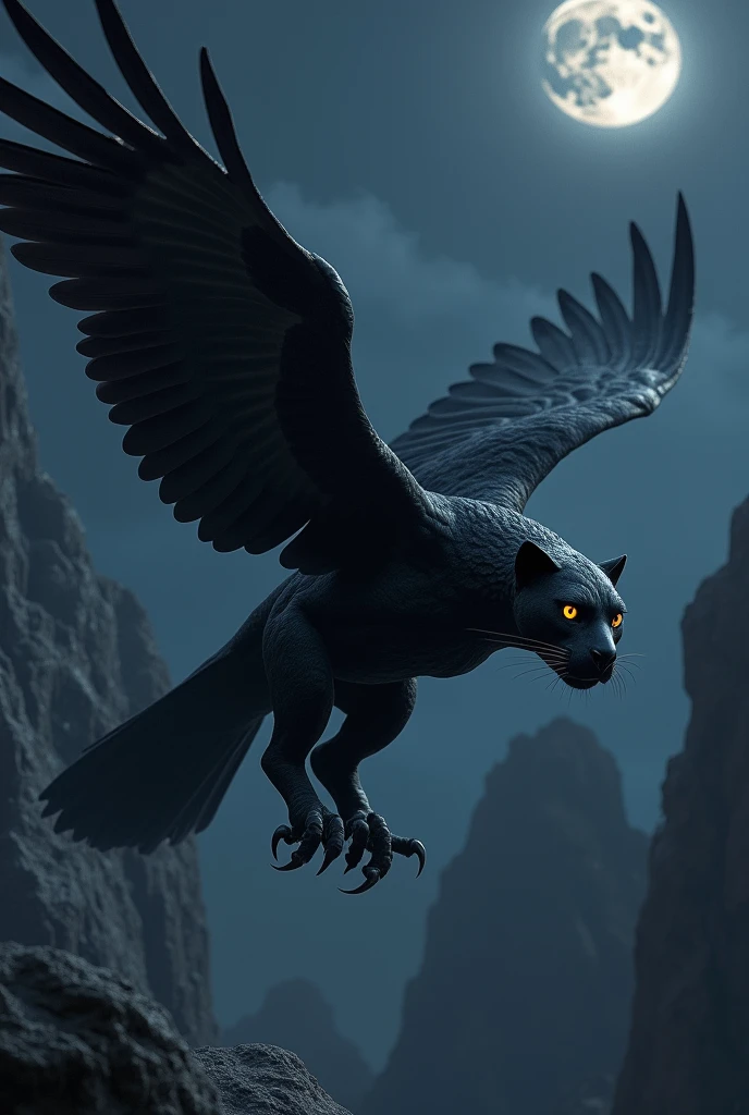 Panther-Hawk Hybrid: A stealthy hunter with the sleek, black-furred body of a panther and the sharp beak, wings, and talons of a hawk. It silently glides through the night sky, its glowing eyes focused on the ground below, ready to swoop down on its target.