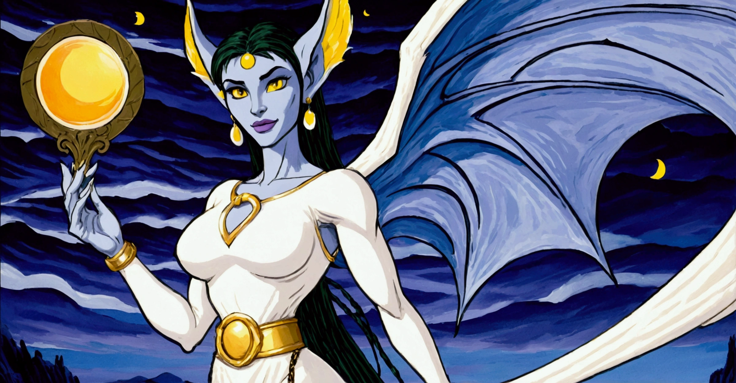 1990s Gargoyle In The Animation Style Of Gargoyles: The Goliath Chronicles. Female Gargoyle Character With A Humanoid Form, Lavenderskin, & Bat-Like Wings. She Has A Sleek, Build With Sharp Claws On Her Hands & Feet, Pointed Bat-Like Ears, And A Long, Slender Tail. Her Face Is Sultry With Large, Almond-Shaped Eyes, A Defined Nose, & A Soft Jawline. She Wears A Cream-Colored Tunic With A Golden Belt At The Waist, Along With Gold Hoop Earrings & A Gold Bracelet. Her Golden Blonde Hair Is Voluminous And Styled In A Braid That Falls Down Her Back. The Setting Should Have A Night-Time, Gothic Vib