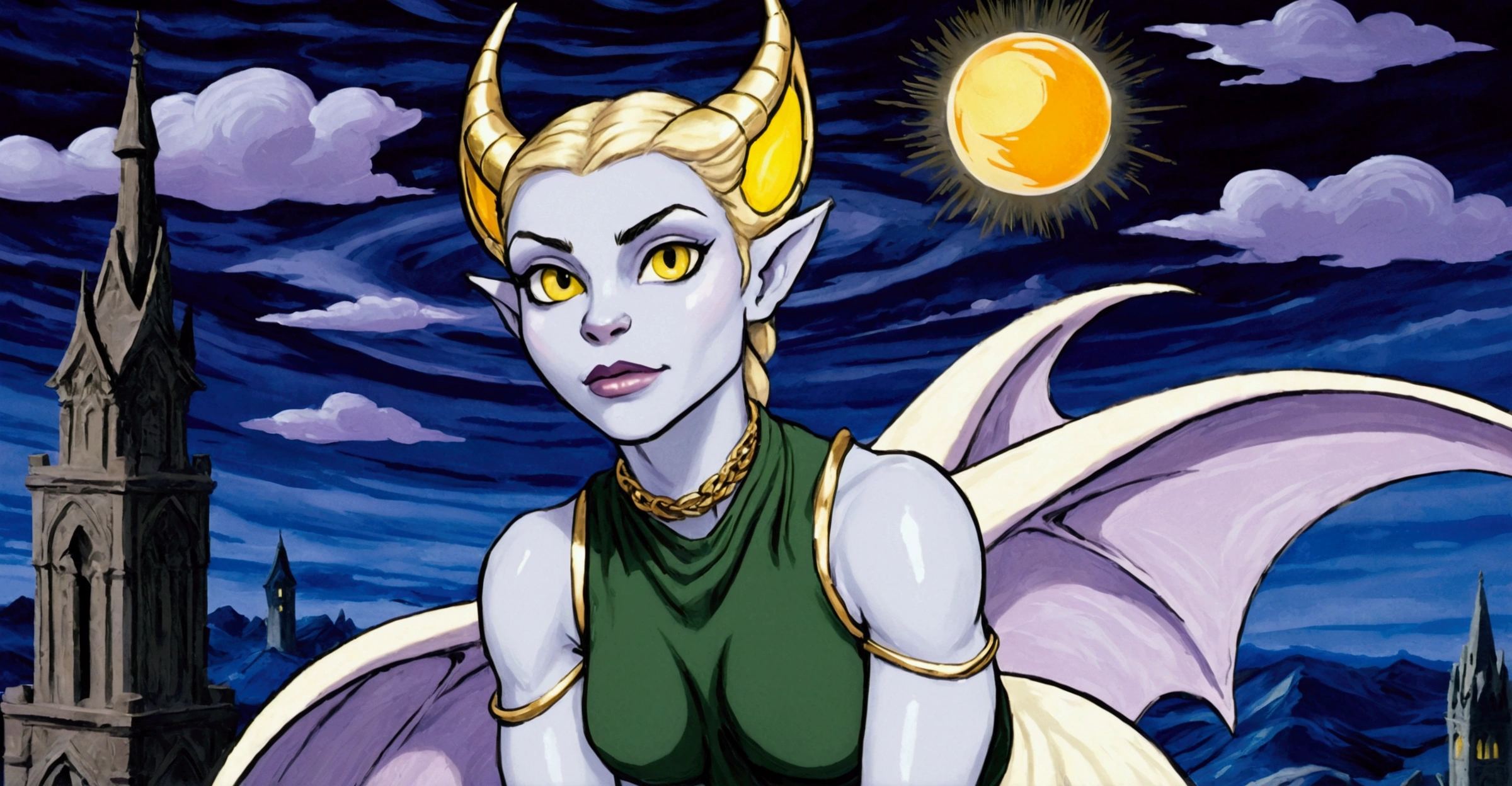 1990s Gargoyle In The Animation Style Of Gargoyles: The Goliath Chronicles. Female Gargoyle Character With A Humanoid Form, Lavenderskin, & Bat-Like Wings. She Has A Sleek, Build With Sharp Claws On Her Hands & Feet, Pointed Bat-Like Ears, And A Long, Slender Tail. Her Face Is Sultry With Large, Almond-Shaped Eyes, A Defined Nose, & A Soft Jawline. She Wears A Cream-Colored Tunic With A Golden Belt At The Waist, Along With Gold Hoop Earrings & A Gold Bracelet. Her Golden Blonde Hair Is Voluminous And Styled In A Braid That Falls Down Her Back. The Setting Should Have A Night-Time, Gothic Vib