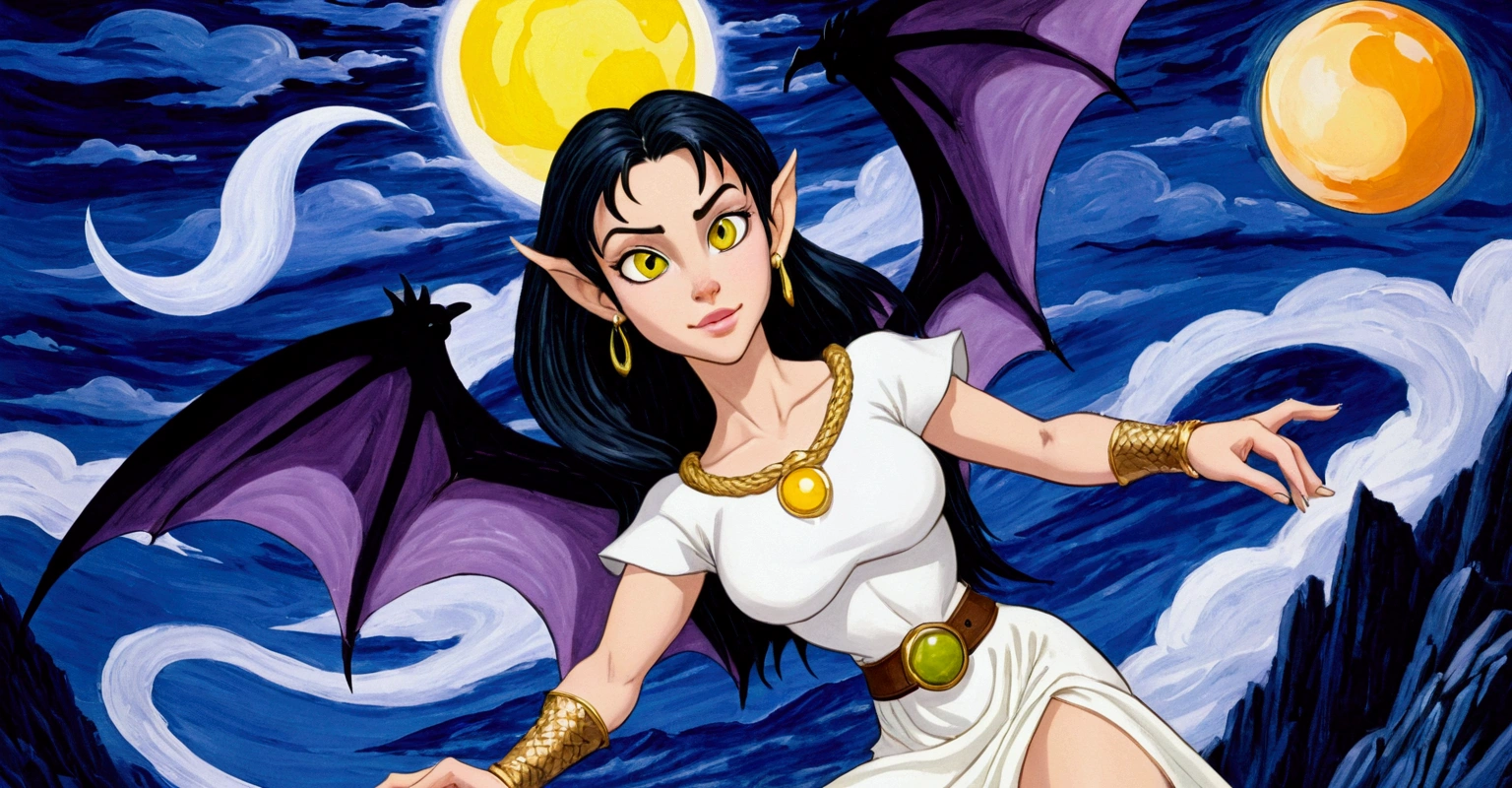 1990s Gargoyle In The Animation Style Of Gargoyles: The Goliath Chronicles. Female Gargoyle Character With A Humanoid Form, Lavenderskin, & Bat-Like Wings. She Has A Sleek, Build With Sharp Claws On Her Hands & Feet, Pointed Bat-Like Ears, And A Long, Slender Tail. Her Face Is Sultry With Large, Almond-Shaped Eyes, A Defined Nose, & A Soft Jawline. She Wears A Cream-Colored Tunic With A Golden Belt At The Waist, Along With Gold Hoop Earrings & A Gold Bracelet. Her Golden Blonde Hair Is Voluminous And Styled In A Braid That Falls Down Her Back. The Setting Should Have A Night-Time, Gothic Vib