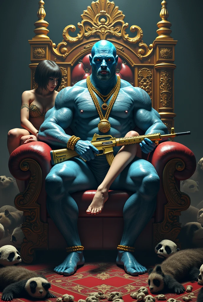 I want a realistic photo featuring a handsome, muscular man with blue skin, tattoos, and gold necklaces. The man has the head of a snake and is sitting on a throne. Around him, there are skulls, and lying on the ground are defeated hero characters, including a gorilla, panda, and raccoon. The character sitting on the throne is holding an otter. Next to the throne, there's a gold-plated AK-47, and he has a cigar in his mouth. On the other side of the throne, a beautiful blonde Italian woman with fair skin is hugging him from behind. There will also be a dead gorilla and panda on the ground, along with an otter and a raccoon.