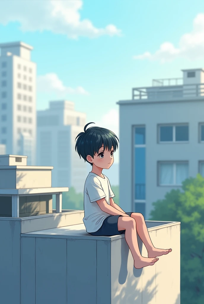 Anime cute boy with white ti shirt and black hair sit on roof of building