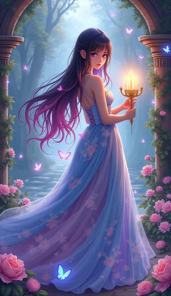 An anime-style digital illustration features a young woman standing slightly to the right of center on a stone platform in a mystical forest setting. She has long, flowing black hair with pink highlights that cascade down her back, transitioning from dark purple at the roots to pink towards the ends. Her large, expressive eyes are a striking shade of purple, gazing slightly to the left of the viewer with a calm and gentle expression. She wears a sleeveless, floor-length gown adorned with intricate floral patterns in shades of blue, pink, purple, and white. The dress has a fitted bodice with lace-up details on the shoulders and back, transitioning into a high-low hemline that dramatically flares out, creating layers of translucent fabric. The skirt flows elegantly around her, with layers of light blue and pink hues revealing a deeper purple interior. She is barefoot and holds a golden candelabra with elongated, ornate branches emanating a warm, magical glow. The candelabra, positioned diagonally from bottom left to top right, is filled with glowing flowers and emits a soft light that illuminates the scene. The background showcases gothic-style arched structures covered in dense foliage and vibrant flowers, including pink blossoms and various other blooms like roses and peonies. Numerous butterflies of varying sizes and colors, including pale pink, sky blue, yellow, and white, flutter around her and throughout the scene, creating a whimsical atmosphere. Some butterflies have luminescent blue wings, adding a surreal element to the image. The lighting is soft and diffused, with dappled sunlight filtering through the trees, casting a warm, ethereal glow on the woman and her surroundings. This creates a high contrast between light and shadow, enhancing the fantasy and enchanting mood of the scene. The overall color palette includes deep blues, vivid pinks, golden yellows, and lush greens, with high saturation and luminance contributing to the dreamlike quality of the illu