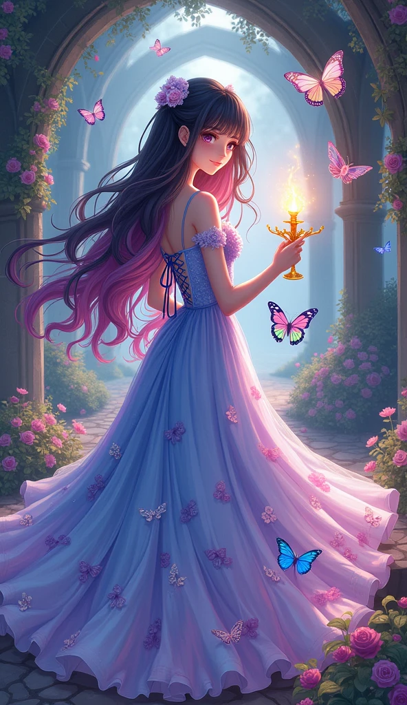 An anime-style digital illustration features a young woman standing slightly to the right of center on a stone platform in a mystical forest setting. She has long, flowing black hair with pink highlights that cascade down her back, transitioning from dark purple at the roots to pink towards the ends. Her large, expressive eyes are a striking shade of purple, gazing slightly to the left of the viewer with a calm and gentle expression. She wears a sleeveless, floor-length gown adorned with intricate floral patterns in shades of blue, pink, purple, and white. The dress has a fitted bodice with lace-up details on the shoulders and back, transitioning into a high-low hemline that dramatically flares out, creating layers of translucent fabric. The skirt flows elegantly around her, with layers of light blue and pink hues revealing a deeper purple interior. She is barefoot and holds a golden candelabra with elongated, ornate branches emanating a warm, magical glow. The candelabra, positioned diagonally from bottom left to top right, is filled with glowing flowers and emits a soft light that illuminates the scene. The background showcases gothic-style arched structures covered in dense foliage and vibrant flowers, including pink blossoms and various other blooms like roses and peonies. Numerous butterflies of varying sizes and colors, including pale pink, sky blue, yellow, and white, flutter around her and throughout the scene, creating a whimsical atmosphere. Some butterflies have luminescent blue wings, adding a surreal element to the image. The lighting is soft and diffused, with dappled sunlight filtering through the trees, casting a warm, ethereal glow on the woman and her surroundings. This creates a high contrast between light and shadow, enhancing the fantasy and enchanting mood of the scene. The overall color palette includes deep blues, vivid pinks, golden yellows, and lush greens, with high saturation and luminance contributing to the dreamlike quality of the illu