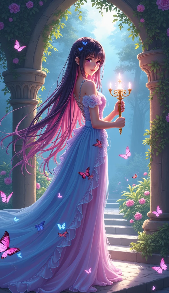 An anime-style digital illustration features a young woman standing slightly to the right of center on a stone platform in a mystical forest setting. She has long, flowing black hair with pink highlights that cascade down her back, transitioning from dark purple at the roots to pink towards the ends. Her large, expressive eyes are a striking shade of purple, gazing slightly to the left of the viewer with a calm and gentle expression. She wears a sleeveless, floor-length gown adorned with intricate floral patterns in shades of blue, pink, purple, and white. The dress has a fitted bodice with lace-up details on the shoulders and back, transitioning into a high-low hemline that dramatically flares out, creating layers of translucent fabric. The skirt flows elegantly around her, with layers of light blue and pink hues revealing a deeper purple interior. She is barefoot and holds a golden candelabra with elongated, ornate branches emanating a warm, magical glow. The candelabra, positioned diagonally from bottom left to top right, is filled with glowing flowers and emits a soft light that illuminates the scene. The background showcases gothic-style arched structures covered in dense foliage and vibrant flowers, including pink blossoms and various other blooms like roses and peonies. Numerous butterflies of varying sizes and colors, including pale pink, sky blue, yellow, and white, flutter around her and throughout the scene, creating a whimsical atmosphere. Some butterflies have luminescent blue wings, adding a surreal element to the image. The lighting is soft and diffused, with dappled sunlight filtering through the trees, casting a warm, ethereal glow on the woman and her surroundings. This creates a high contrast between light and shadow, enhancing the fantasy and enchanting mood of the scene. The overall color palette includes deep blues, vivid pinks, golden yellows, and lush greens, with high saturation and luminance contributing to the dreamlike quality of the illu