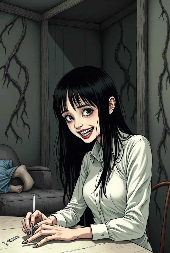 create an illustration in the style of the Junji Ito manga that is a nail designer at home that is in the style of the Juji Ito manga and that is illustrating a Nail designer at home but not so macabre. You have to represent a girl who goes to the clients' homes
