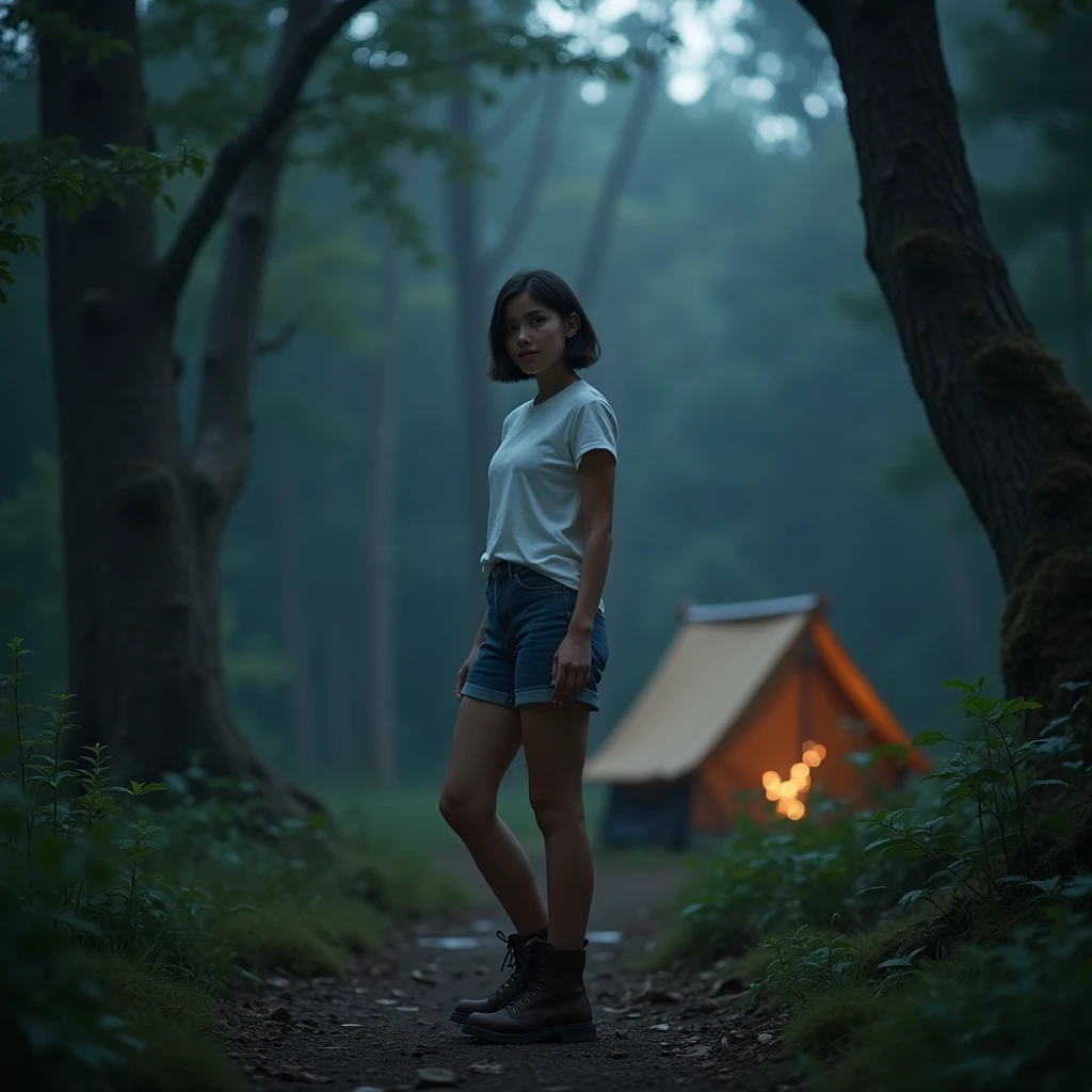 A full body, portrait of a American-looking women with short hair wearing boots. She is 170 cm tall and weighs 70 kg. she is wearing white tshirt, standing in a forest near her camp. she is an night camper. The background has night light, creating a magical forest and camp scene. The women is standing in the corner, creating a mystical forest atmosphere. . Her face is looking at the camera, and the portrait is taken from the front. The image should be realistic.