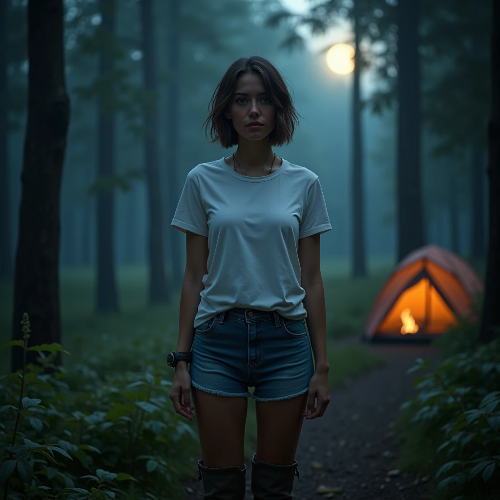 A full body, portrait of a American-looking women with short hair wearing boots. She is 170 cm tall and weighs 70 kg. she is wearing white tshirt, standing in a forest near her camp. she is an night camper. The background has night light, creating a magical forest and camp scene. The women is standing in the corner, creating a mystical forest atmosphere. . Her face is looking at the camera, and the portrait is taken from the front. The image should be realistic.