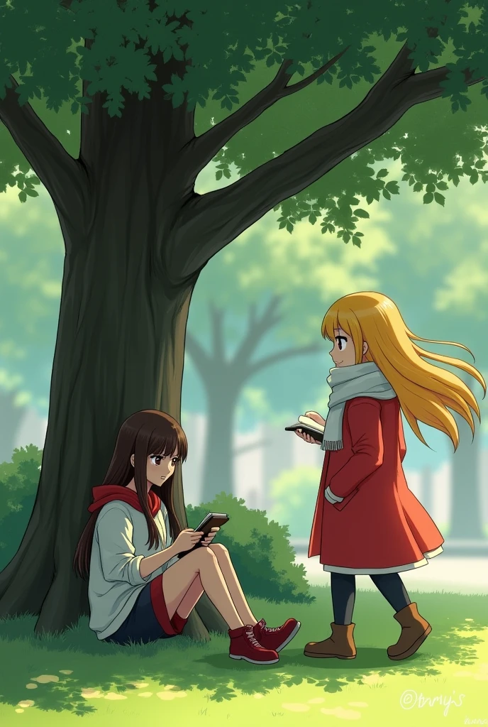 A young woman was sitting under a big tree in a public park. The young woman was wearing a black coat and a white scarf. Her long dark brown hair covered her face. Beside her was a small notebook. She seemed to be concentrating on what was in the notebook. A young woman with long golden hair, wearing a bright red coat and a white scarf, walked over to greet her. Asking for something prettier.