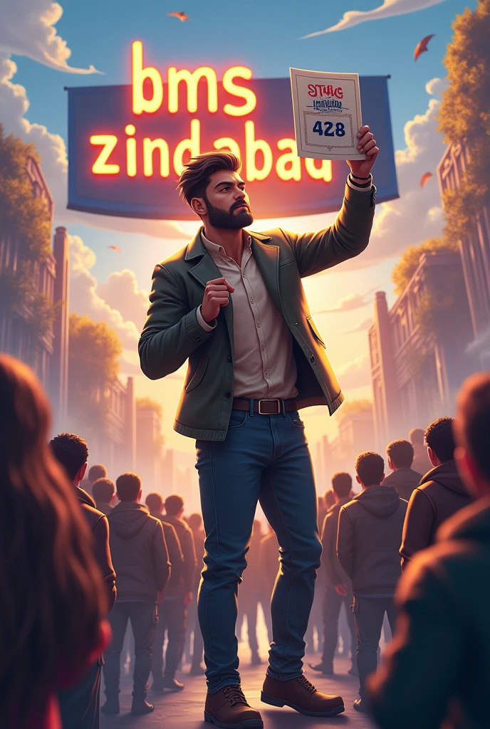 "Create an image of a winner who is a top performer with a score of 428 which is shows in his hand, standing aggressively in a people fantasy background. The scene should include elements like lots of people looking at the winner . The winner should appear confident and victorious, possibly holding a certificate or standing next to a scoreboard displaying the score of 428. In the background or subtly integrated into the environment, include the text 'BMS ZINDABAD' in an artistic and celebratory style."