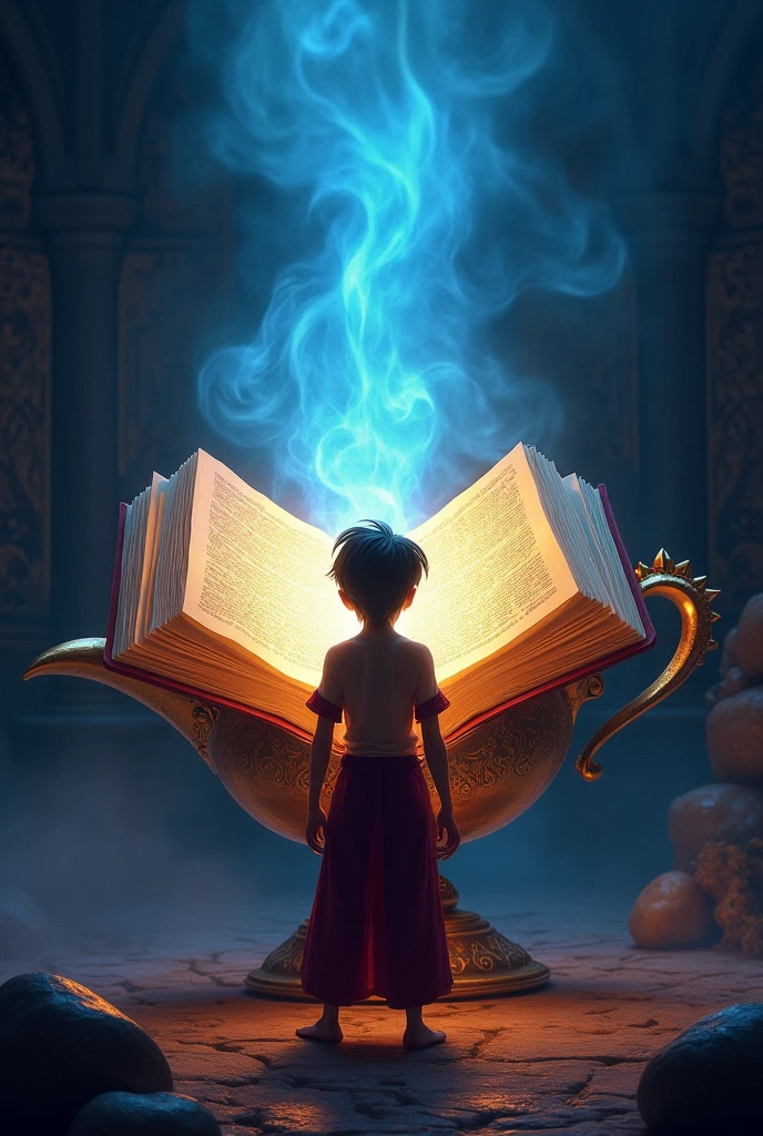 Magic lamp taking out a giant book with light open and Aladdin behind