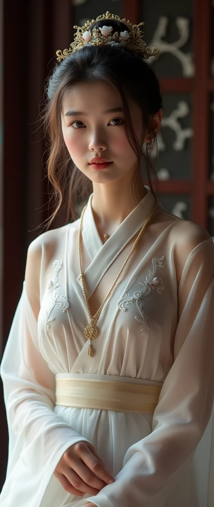 best quality, Masterpiece, height, 1 girl, Chinese Hanfu, Chinese Architect Background, decorationsผม, necklace, decorations, Beautiful face, full body, Tyndall Effect, realistic, dark studio, By the light, Two tone light, (Highly detailed skin:1.2), 8g UHD, dslr, soft light, High quality, Volumetric light, Candlelight, Dark reflection, The shadow is not dark, High Key, photograph, high resolution, 4K, 8ก, Bokeh. from the front, Cowboy style photo of the upper torso of a female model, approximately 21-2.. Female model girl is wearing Chinese Hanfu that is classic traditional clothing of Tang Dynasty period and white color and ancient oriental long robe and made of very sheer and transparent silk so very see through bare skin, wearing nothing under her Chinese Hanfu, with closed her chest by her Chinese Hanfu, with all back covered by her Chinese Hanfu. The model has a deep bust., big breasts, Round and bouncy breasts, Anatomically correct pink nipple and areola, Small and slim waist, wide hips, charming thighs, The target has a lot of diamond hair., Clean vagina, so all of them are covered by her Chinese Hanfu, But it's all blurry and I can't see through it..