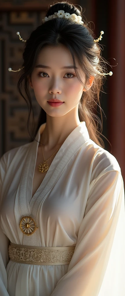 best quality, Masterpiece, height, 1 girl, Chinese Hanfu, Chinese Architect Background, decorationsผม, necklace, decorations, Beautiful face, full body, Tyndall Effect, realistic, dark studio, By the light, Two tone light, (Highly detailed skin:1.2), 8g UHD, dslr, soft light, High quality, Volumetric light, Candlelight, Dark reflection, The shadow is not dark, High Key, photograph, high resolution, 4K, 8ก, Bokeh. from the front, Cowboy style photo of the upper torso of a female model, approximately 21-2.. Female model girl is wearing Chinese Hanfu that is classic traditional clothing of Tang Dynasty period and white color and ancient oriental long robe and made of very sheer and transparent silk so very see through bare skin, wearing nothing under her Chinese Hanfu, with closed her chest by her Chinese Hanfu, with all back covered by her Chinese Hanfu. The model has a deep bust., big breasts, Round and bouncy breasts, Anatomically correct pink nipple and areola, Small and slim waist, wide hips, charming thighs, The target has a lot of diamond hair., Clean vagina, so all of them are covered by her Chinese Hanfu, But it&#39;s all blurry and I can&#39;t see through it..