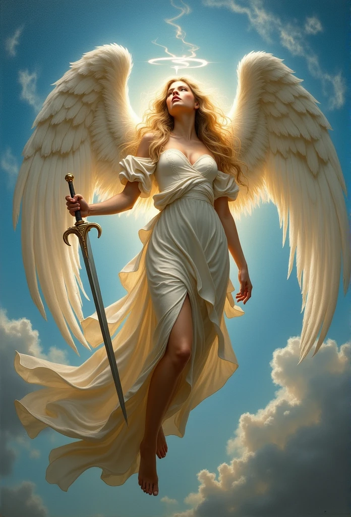 pintura profesional ultra detallada de pintura renacentista al oil de un ángel femenino con las alas abiertas flotando de perfil sobre un cielo azul y nubes blancas, with a sword in his hands, multiple colors and textures, ultra realistic, with a beautiful angelic face, smoking a cigar, with a fine black leather collar fitted around his neckvibrant colors of 256k, blessed winged angel, cosmic, queen, Full body image, with Nike sneakers, radiates light, with soft flashes of light on her sexy body, covered with wavy silk of multiple vibrant colors, Renaissance work, Archangel dress details, celestial, cristiano, Byzantine, until, oil, da vinci style medieval fashion, medieval style clothing, DIFFERENT MATERIALS, warrior costume, that falls and floats gently, magnificent, beautiful, heavenly face, Golden hair, White skin, stunning beauty, unmatched, Shocking, ultra medieval, warrior archangel, Classical Renaissance style by Caravaggio, rayban sunglasses, Princess, rock makeup, Large ultra detailed wings with white feathersA guardian angel with majestic wings, lovingly wrapping someone in his heavenly robe,
