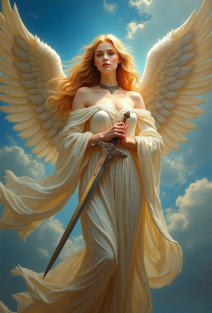 pintura profesional ultra detallada de pintura renacentista al oil de un ángel femenino con las alas abiertas flotando de perfil sobre un cielo azul y nubes blancas, with a sword in his hands, multiple colors and textures, ultra realistic, with a beautiful angelic face, smoking a cigar, with a fine black leather collar fitted around his neckvibrant colors of 256k, blessed winged angel, cosmic, queen, Full body image, with Nike sneakers, radiates light, with soft flashes of light on her sexy body, covered with wavy silk of multiple vibrant colors, Renaissance work, Archangel dress details, celestial, cristiano, Byzantine, until, oil, da vinci style medieval fashion, medieval style clothing, DIFFERENT MATERIALS, warrior costume, that falls and floats gently, magnificent, beautiful, heavenly face, Golden hair, White skin, stunning beauty, unmatched, Shocking, ultra medieval, warrior archangel, Classical Renaissance style by Caravaggio, rayban sunglasses, Princess, rock makeup, Large ultra detailed wings with white feathersA guardian angel with majestic wings, lovingly wrapping someone in his heavenly robe,