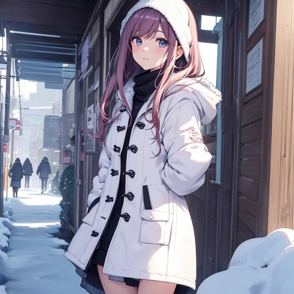 masterpiece, Highest quality, (Beautiful girl :1.2), Winter clothes, coat, Heavy snow day, Give me a hug, Breath、Walking with your boyfriend、coatに首をすくめる、Full of happiness、Close-up of facial expression