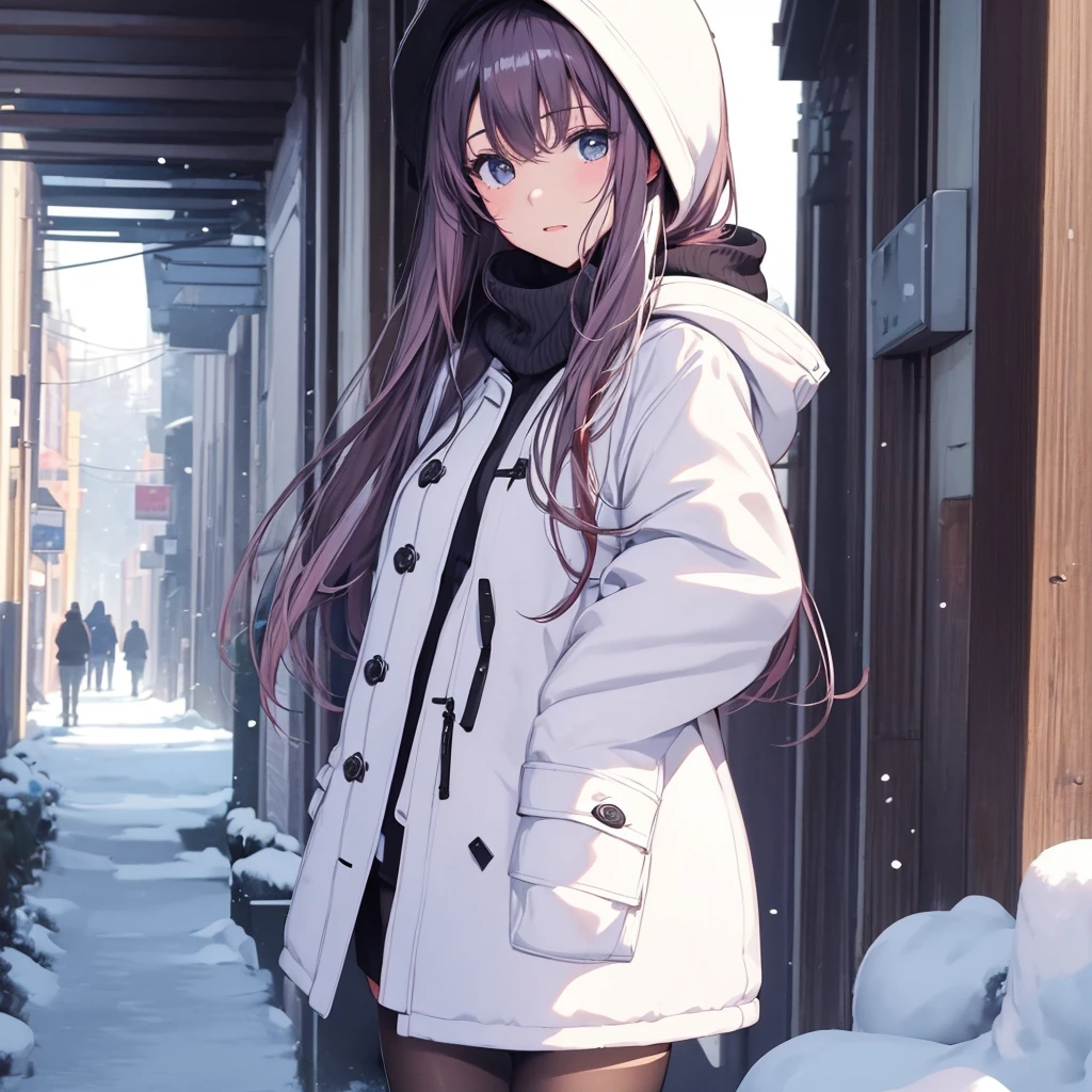 masterpiece, Highest quality, (Beautiful girl :1.2), Winter clothes, coat, Heavy snow day, Give me a hug, Breath、Walking with your boyfriend、coatに首をすくめる、Full of happiness、Close-up of facial expression