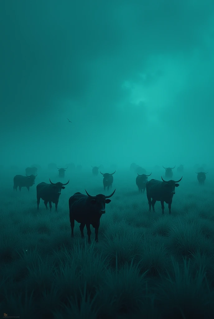 This haunting nocturnal scene is bathed in a deep teal-blue hue, creating an ethereal, almost underwater atmosphere. The image captures a misty field where several cattle graze in silhouette. The foreground is dominated by tall grass, its blades silvered by dew or moonlight, creating a ghostly sheen across the landscape. The cattle, dark and mysterious shapes, are scattered throughout the field, some grazing while others stand alert, their horns clearly visible against the murky background. The sky is a gradient of deep teal, growing darker towards the top of the frame, suggesting a cloudy night that obscures the stars. The overall effect is one of mystery and tranquility, with the cool color palette and soft focus lending a dreamlike quality to the scene. The painting-like quality of the image enhances its surreal nature, blurring the line between photography and fine art.