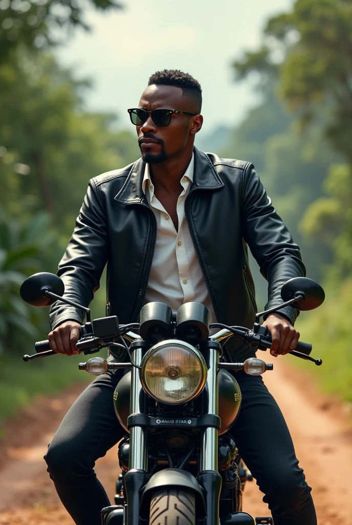 Illustration of a tall black man with fine features, low cut hair, thin moustache, slim but defined body, sitting on top of a black Yamaha drag star 350cc motorcycle wearing black jeans and a black leather jacket with a white shirt underneath, wearing black Ray ban sunglasses. He is on a dirt road with trees behind, typical of the city of Vitória da Conquista Bahia Brazil.