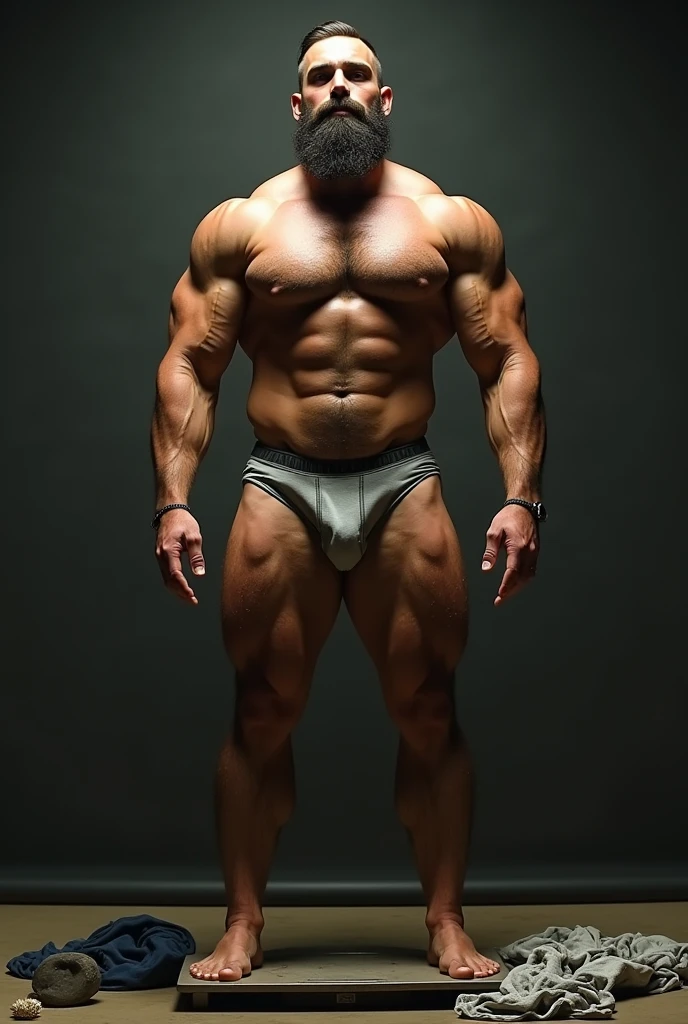 there is a young, hairy, bearded Brazilian man standing on a scale, ernest khalimov body, tall faces, athletic and beautiful, tall and muscular, incredibly strong and tall, Model posing, Mr. Universe, the perfect human male specimen, slightly muscular, Sébastien Chabal, quadris insanamente inflados, fairly muscular, absurdly muscular physique, absurdly huge physique, rubbery-looking body, Bulge, bulge, clothes and underwear on the floor.