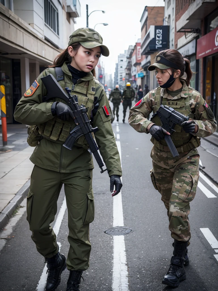 A female soldier confronts an enemy soldier in urban warfare