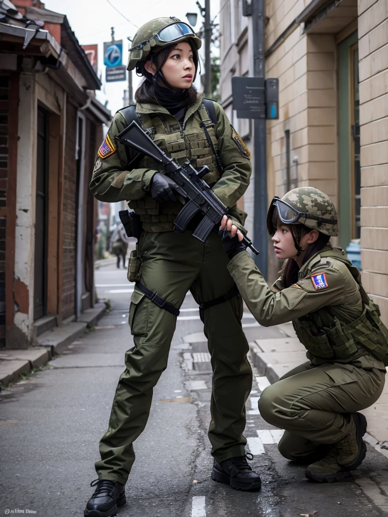 A female soldier confronts an enemy soldier in urban warfare