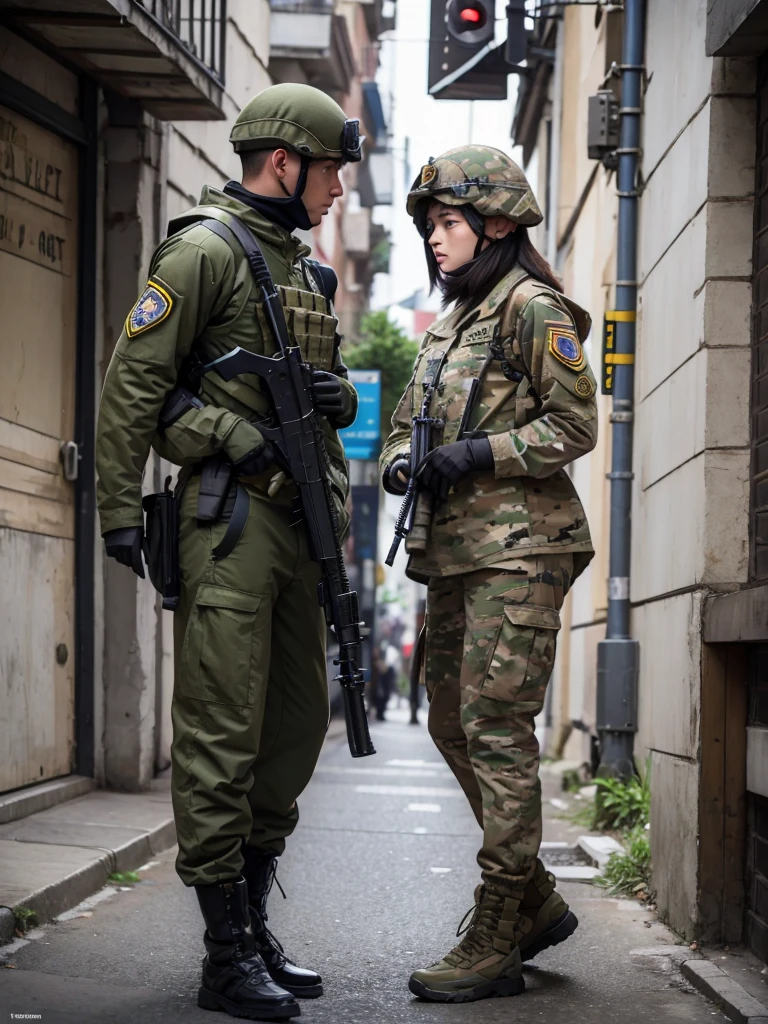 A female soldier confronts an enemy soldier in urban warfare