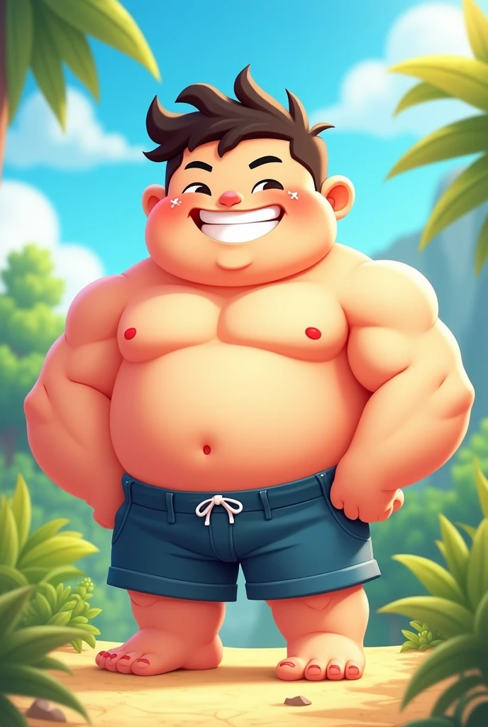 1 chibi thicc boy, happy , sunny, full body shot, fitnes,