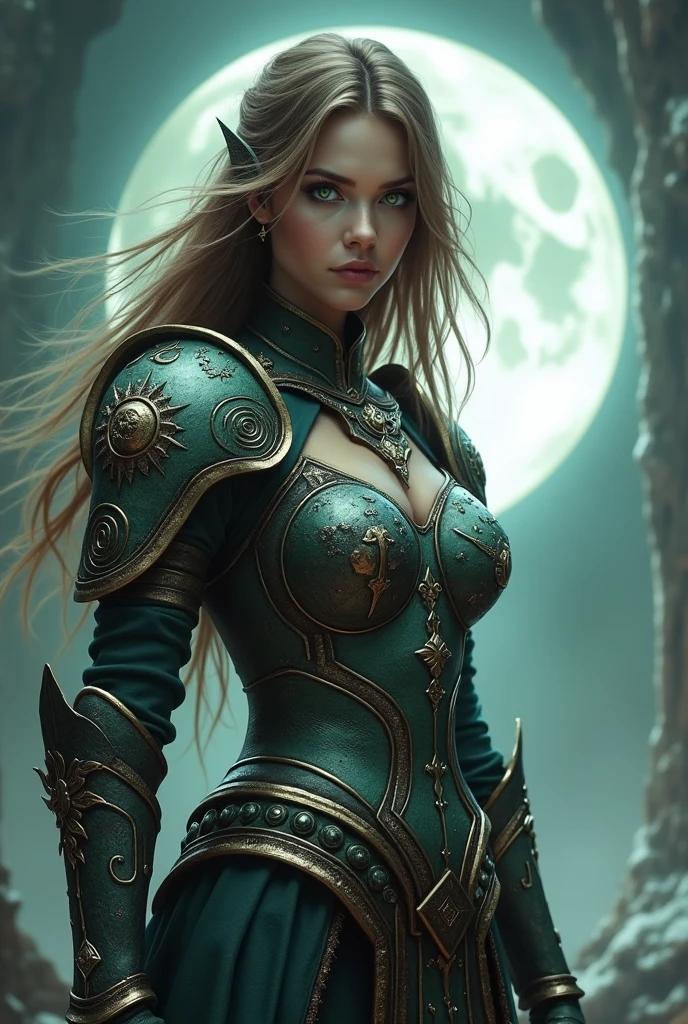 Moon Goddess Battle Armor in Viking Armor covering the chest, the woman has light brown hair, green mixed with gray eyes, seeing the whole body