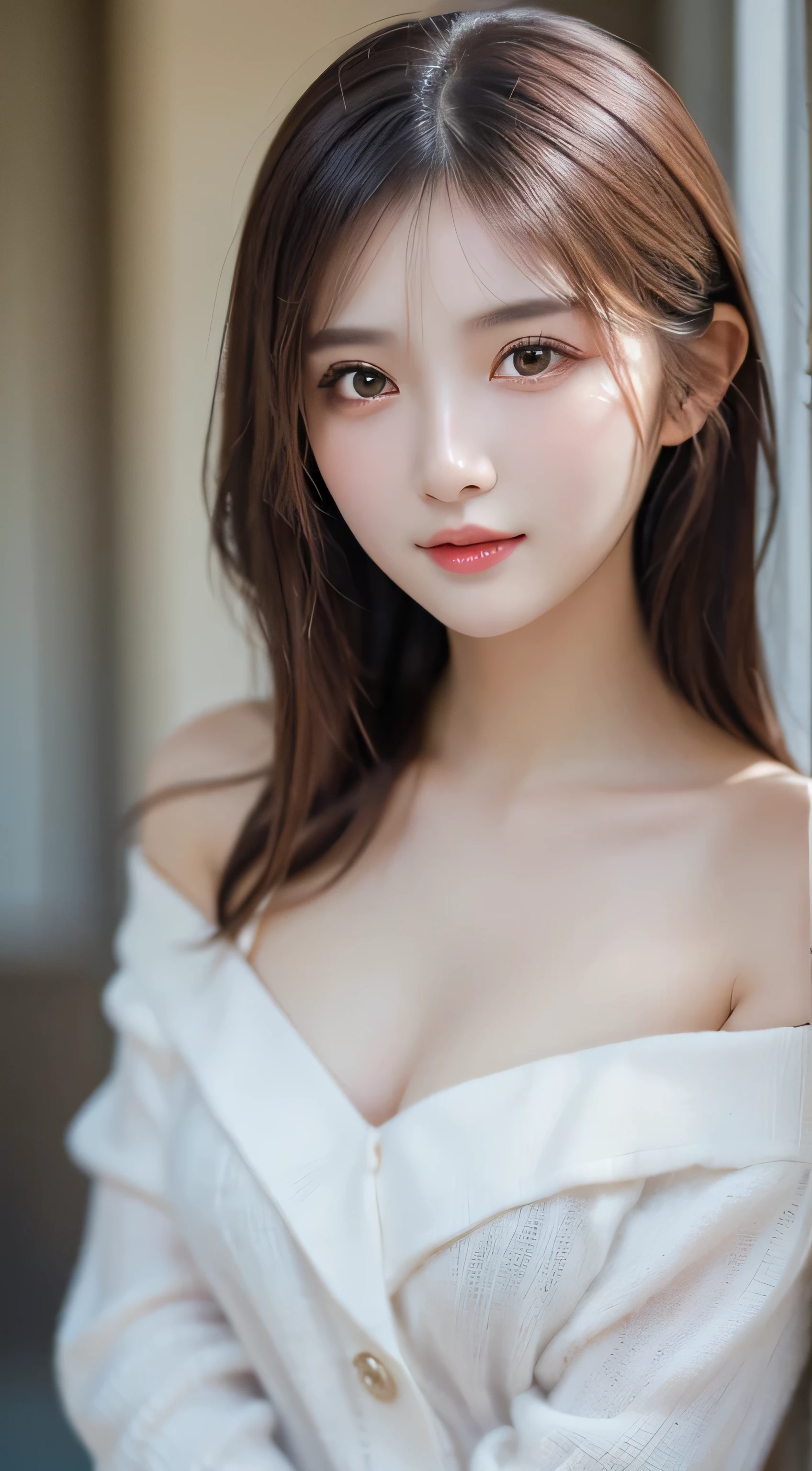 One girl, very cute, Great face and eyes, (Highly detailed beautiful face), (Ultra Realistic), (Highly detailed eyes, Highly detailed hair, Highly detailed face, Highly detailed plump lips), naked, (Off the shoulder), chest, Upper Body, Looking for a Smile, (Highest quality:1.4), RAW Photos, (Realistic, photo-Realistic:1.37), Professional photography, Cinematic Light,