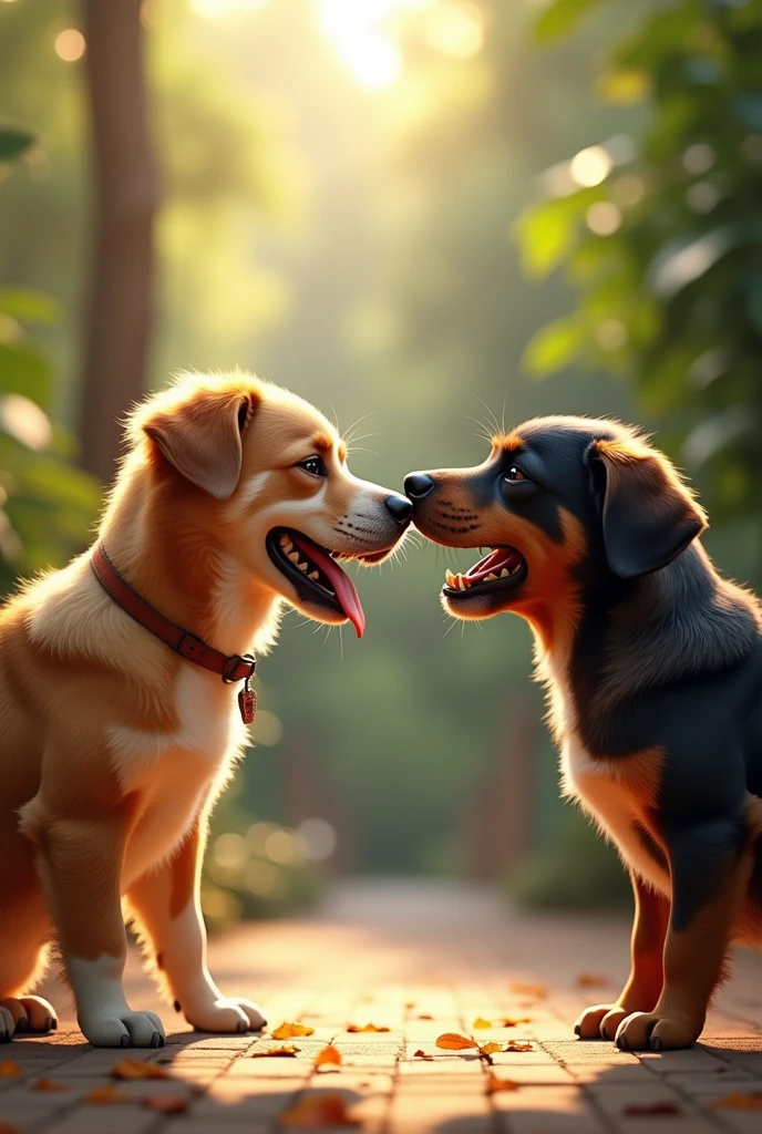 Crie uma imagem realista. THIS IMAGE WILL BE DIVIDED INTO 2 HALVES. THE FIRST HALF WILL HAVE A DOG AND HAPPY OWNERS. THE SECOND HALF WILL HAVE AN ANGRY DOG AND ITS SAD OWNERS. IN BOTH IMAGES THE DOG IS FACING THE CAMERA