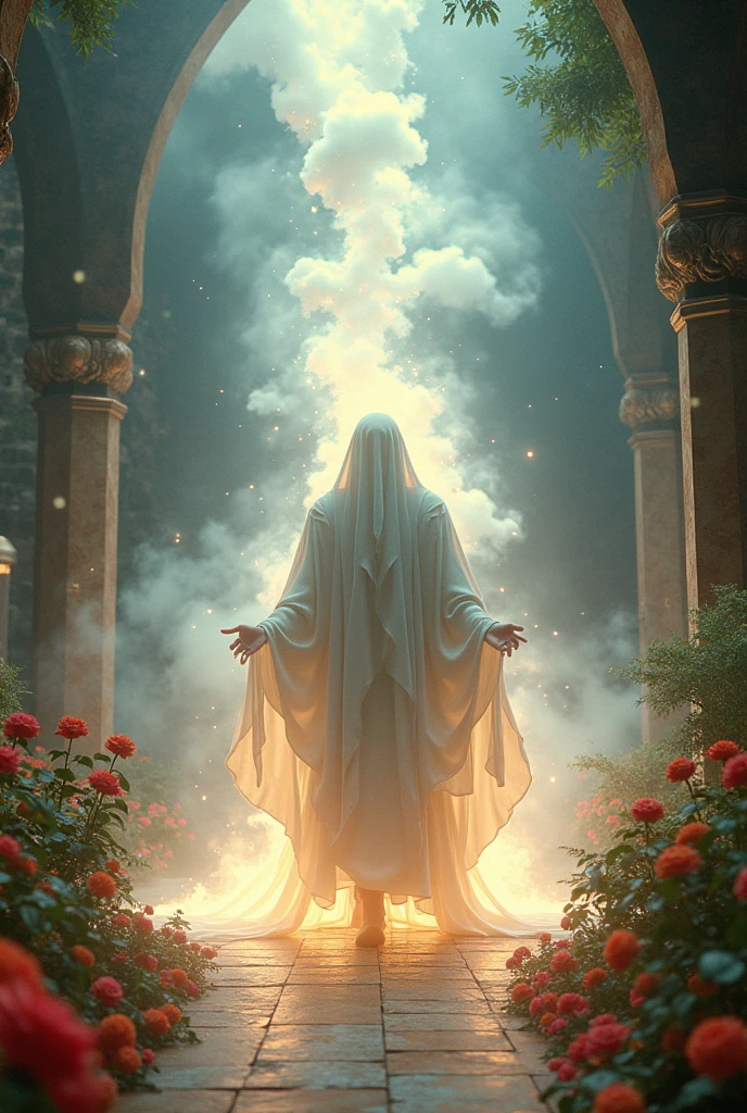 An ethereal scene capturing the arabian  bald jin vanishing into swirling mist and light, leaving behind a sense of magic and fulfillment in an ancient city. 
Here are also a garden,flower,fruites,tree,jewellery  and a lot of people
